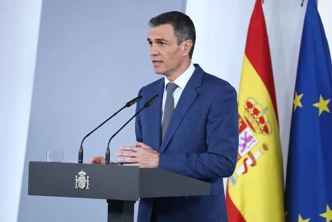 El presidente del Gobierno, Pedro Sánchez, durante la comparecencia. | Pool Moncloa / Fernando Calvo. La Moncloa, España - 28.4.2025